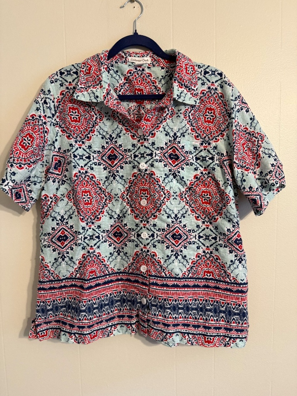 Women's Coldwater Creek, Size Large, Linen Blouse, Turquoise, Red, White & Blue